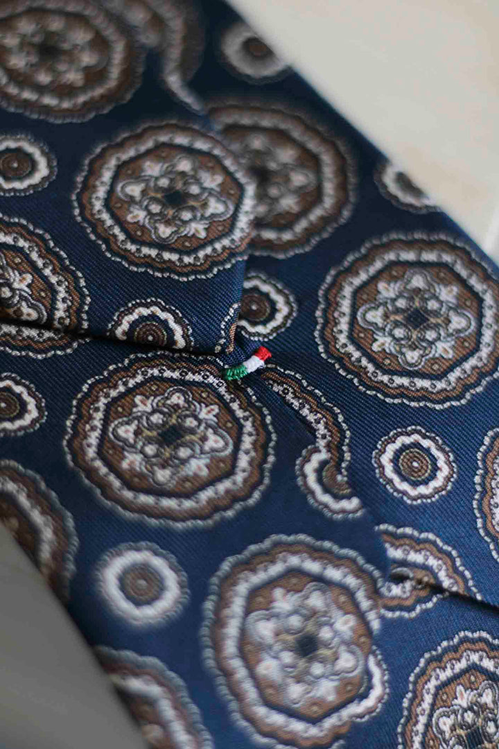 Corbata Napoli Seda Azul Royal Coronas XL Latte, Marino y Hueso