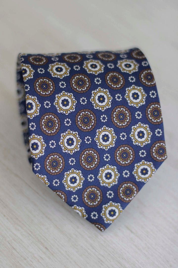 Napoli Silk Tie Royal Blue Geometry Yellow, Ocher and White