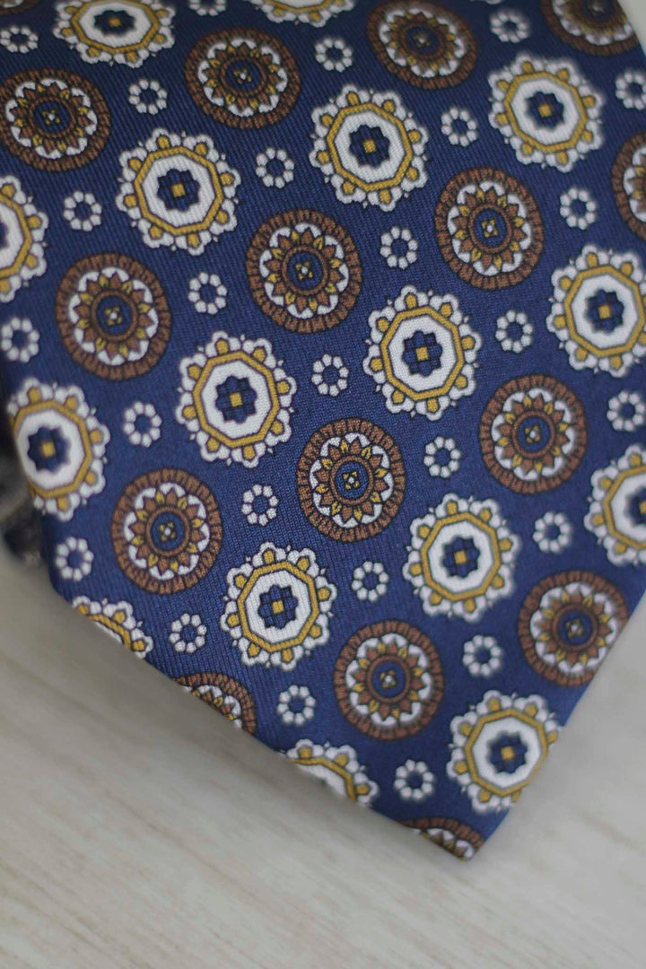 Napoli Silk Tie Royal Blue Geometry Yellow, Ocher and White