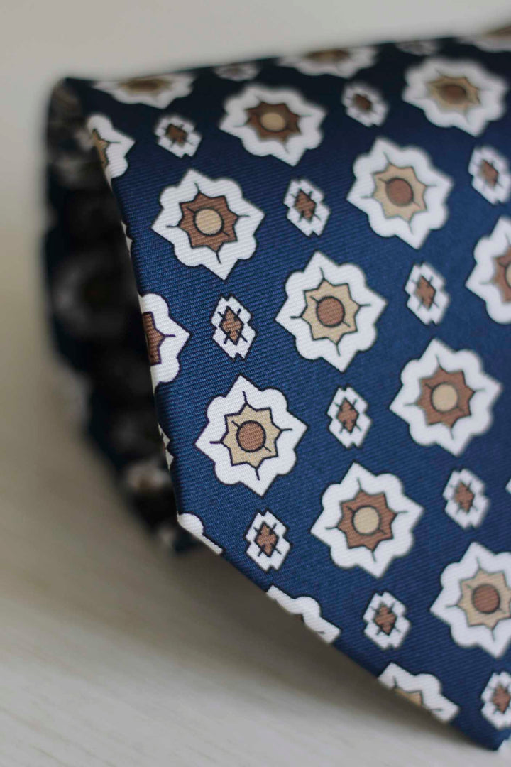 Royal Blue Silk Napoli Tie Starry Geometry XL Latte, Brown and White