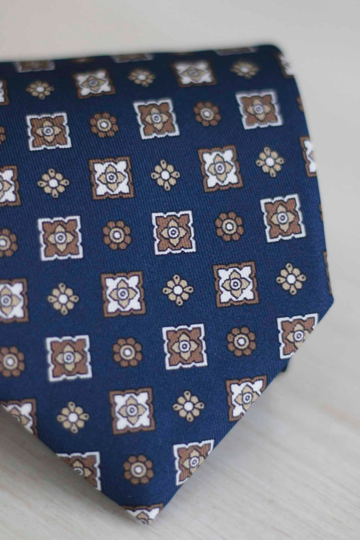 Royal Blue Silk Napoli Tie Mixed Geometry Brown Latte and White