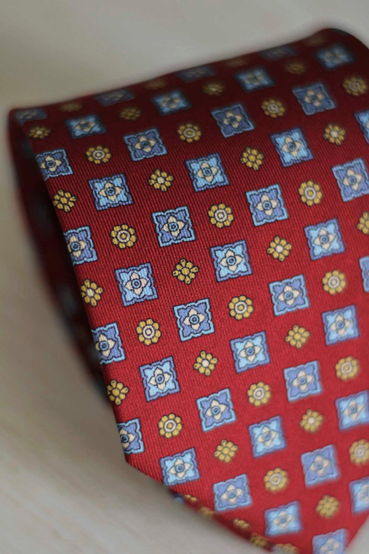 Napoli Red Silk Tie Light Blue, Yellow and White Geometry