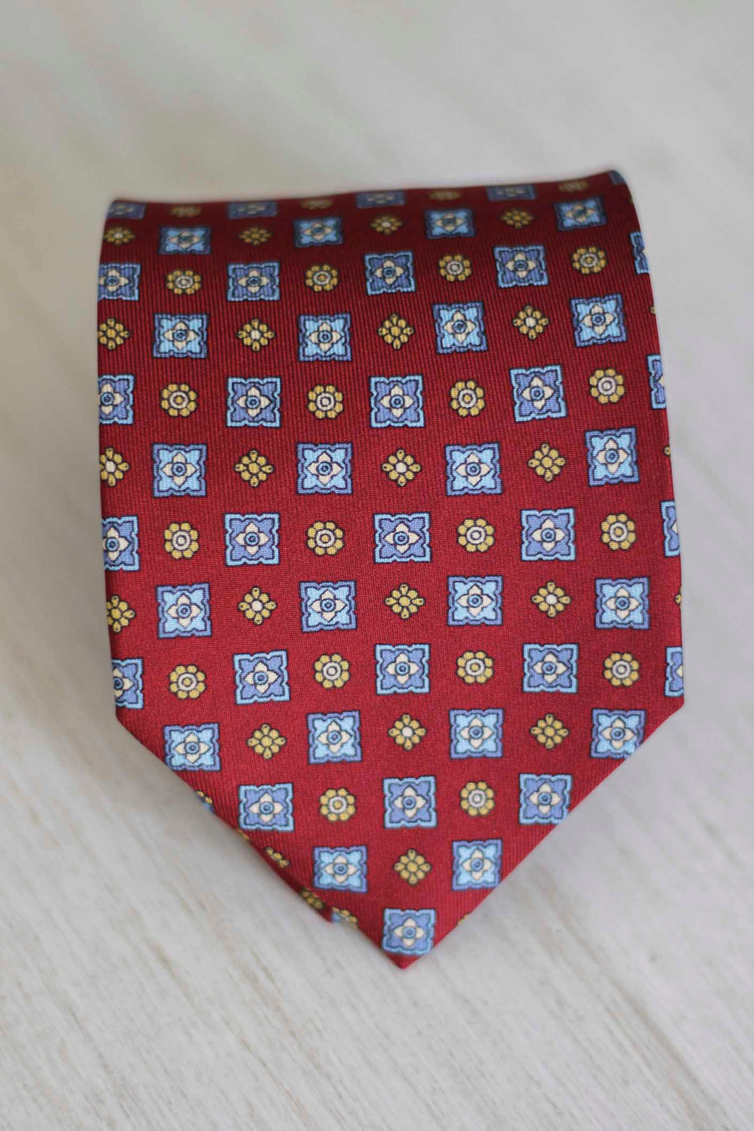 Napoli Red Silk Tie Light Blue, Yellow and White Geometry
