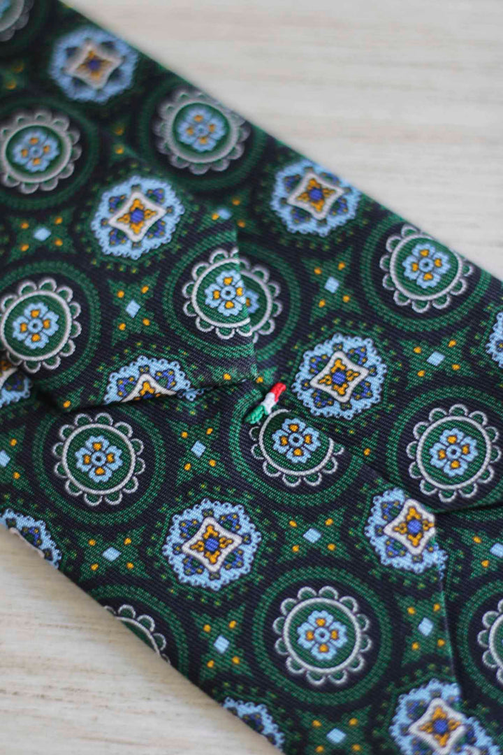 Napoli Silk Tie Bottle Green Medallions XL Light Blue White and Yellow
