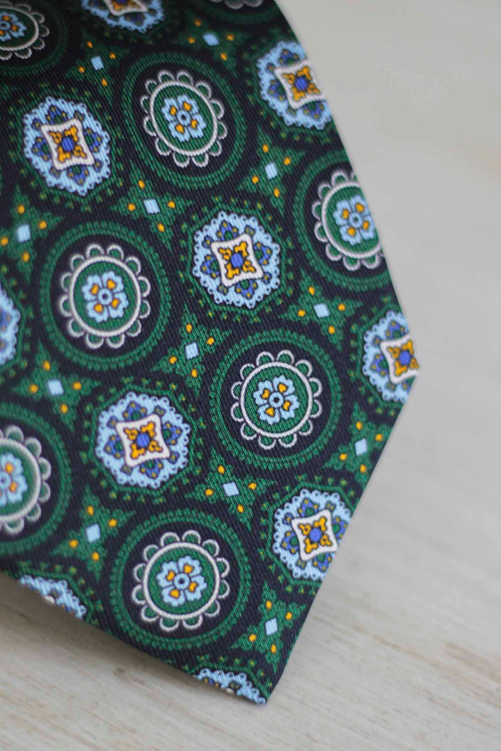 Napoli Silk Tie Bottle Green Medallions XL Light Blue White and Yellow