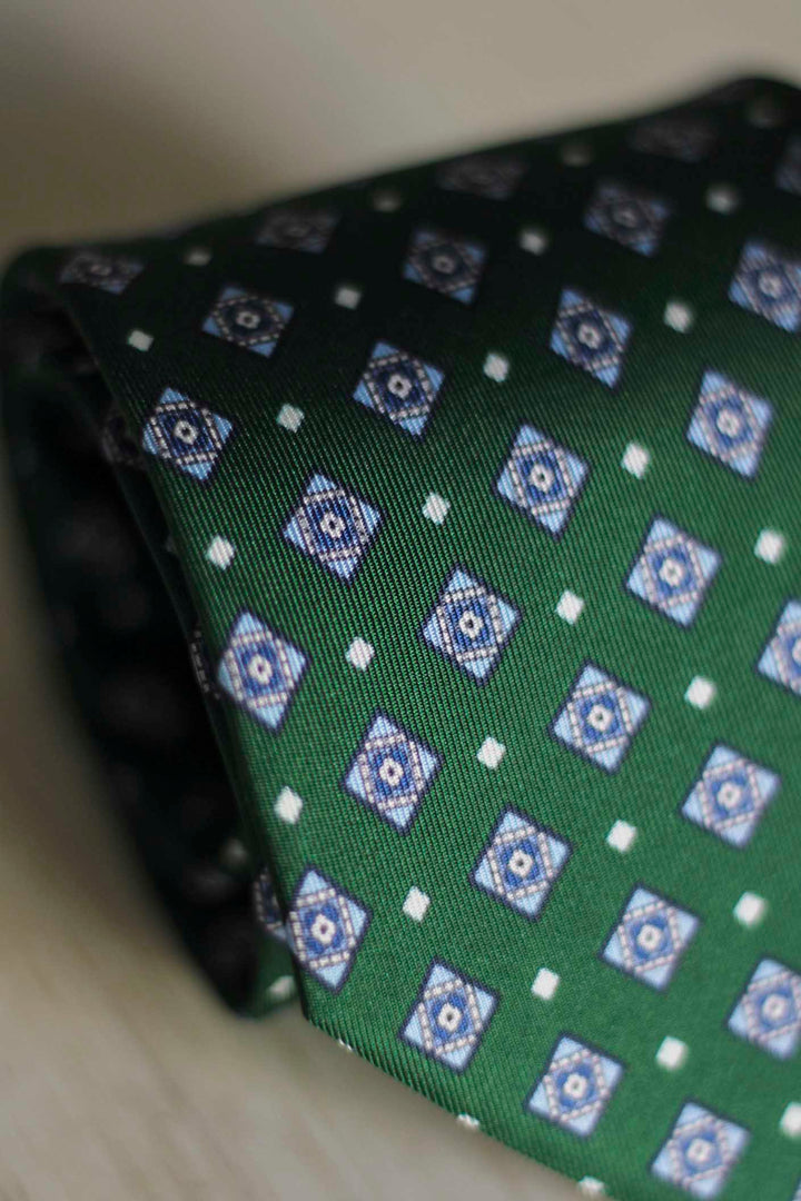 Napoli Silk Tie Bottle Green Concentric Diamonds and Star Light Blue and White