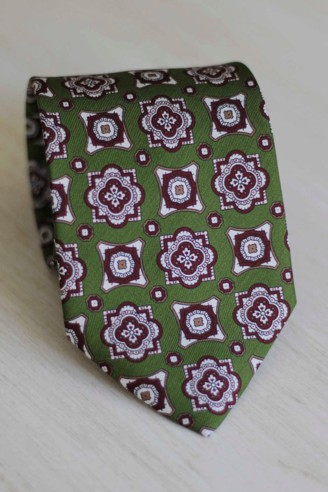 Napoli Silk Tie Olive Green Geometry XXL Burgundy and White