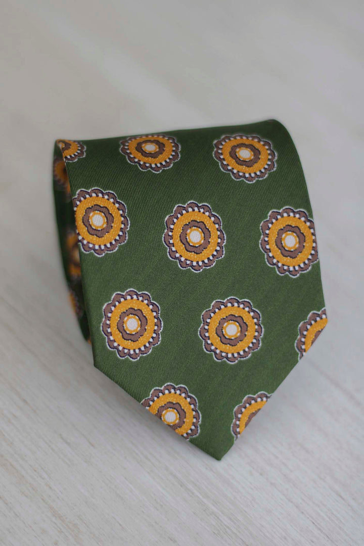 Napoli Silk Tie Green Concentric Rosette Brown and Yellow