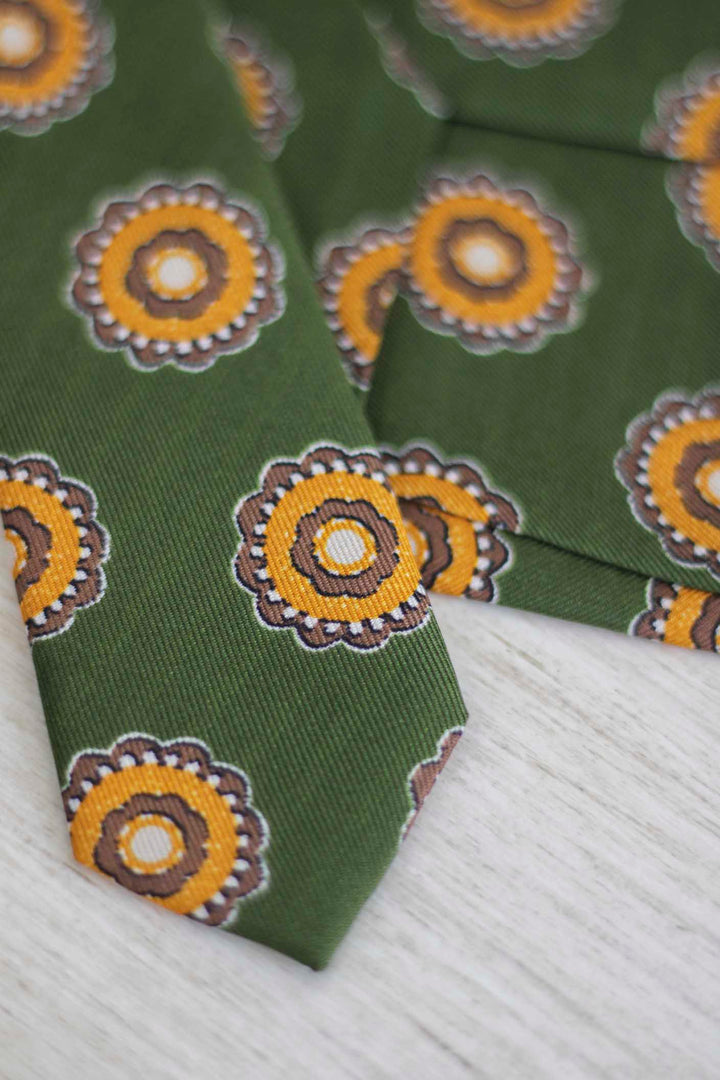 Napoli Silk Tie Green Concentric Rosette Brown and Yellow