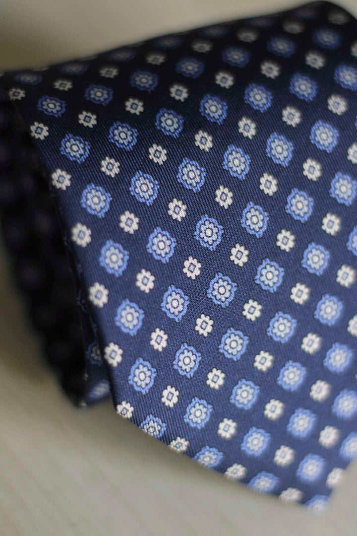 Navy Blue Silk Tie with Daisies in Light Blue and White Tones