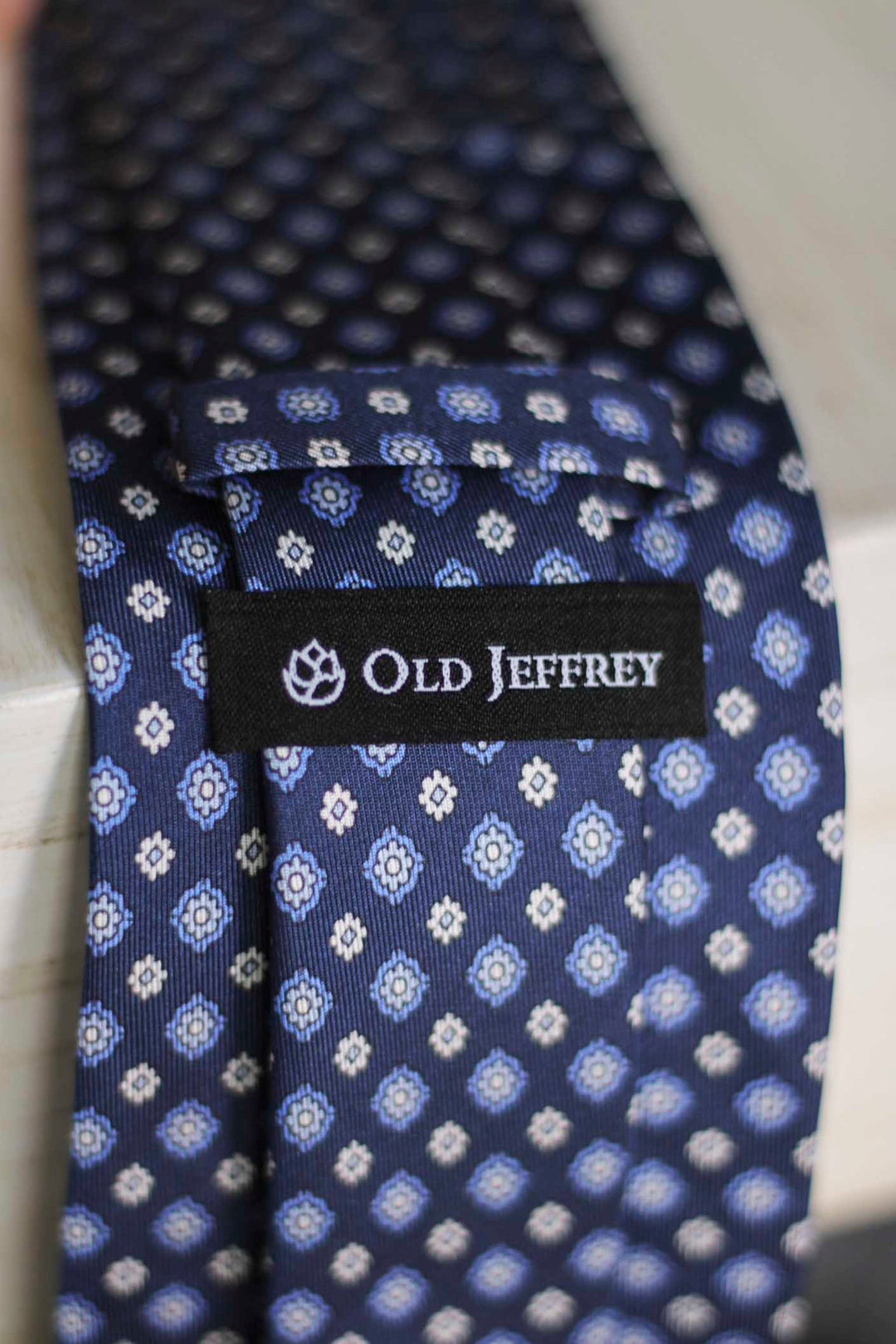 Navy Blue Silk Tie with Daisies in Light Blue and White Tones