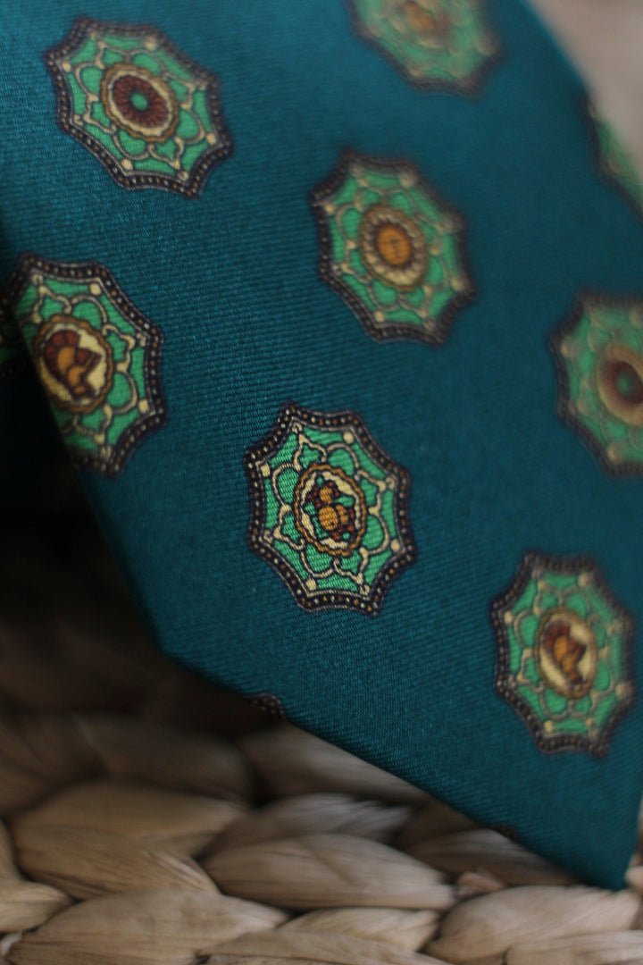 Napoli Pine Green Silk Tie with Carthusian Green and Yellow Shields