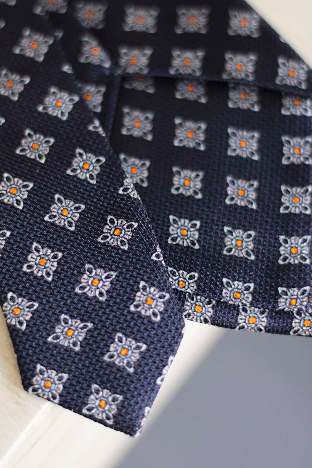 Olive Green Heron Silk Tie Light Blue Daisy and Ocher Rudder