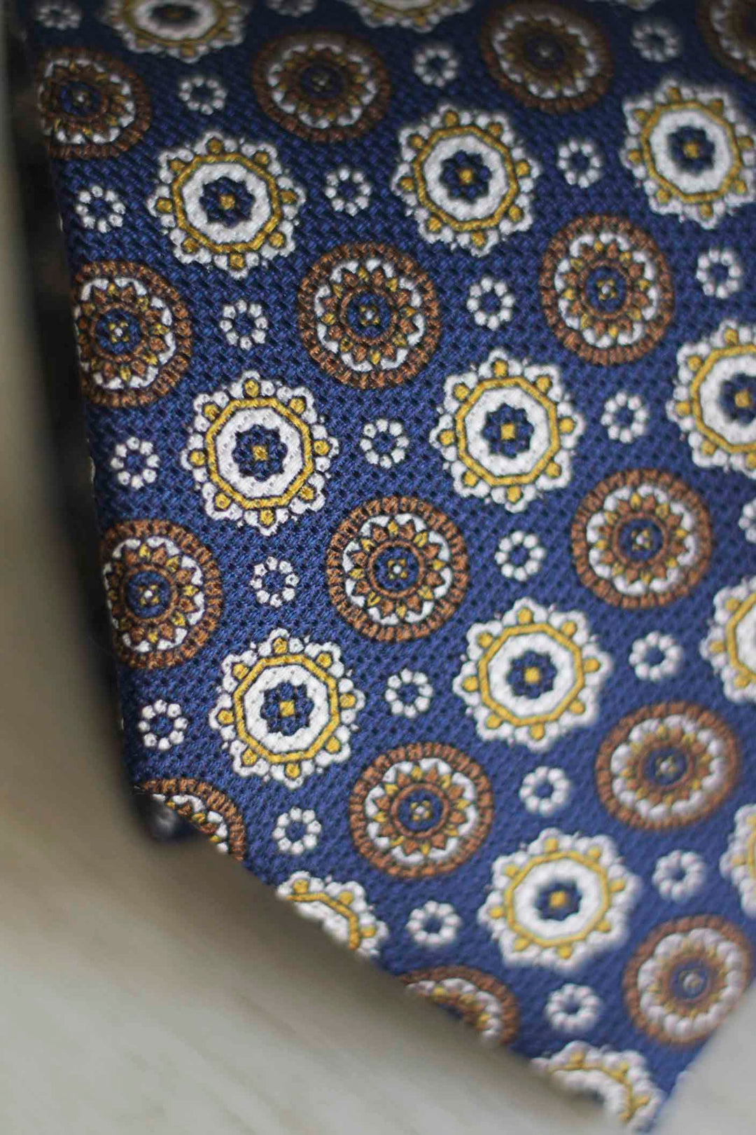 Royal Blue Heron Silk Tie Yellow, Ocher and White Geometry