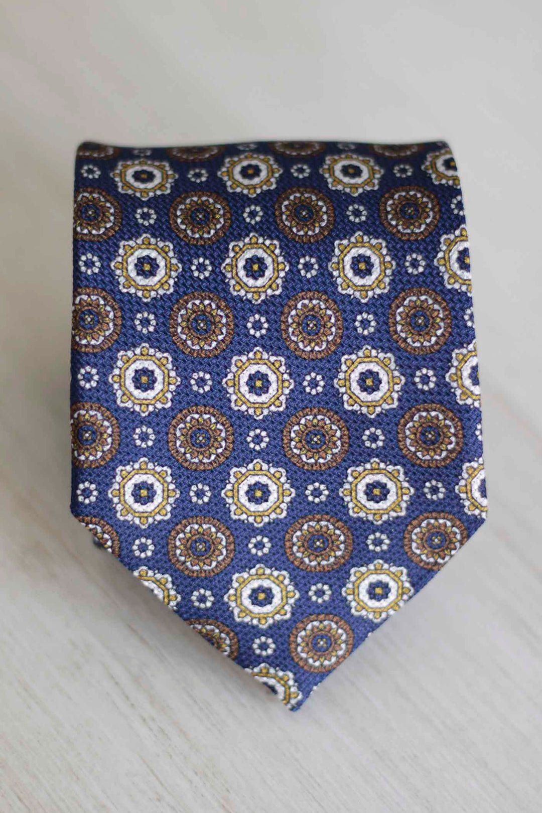 Olive Green Heron Silk Tie Light Blue Daisy and Ocher Rudder