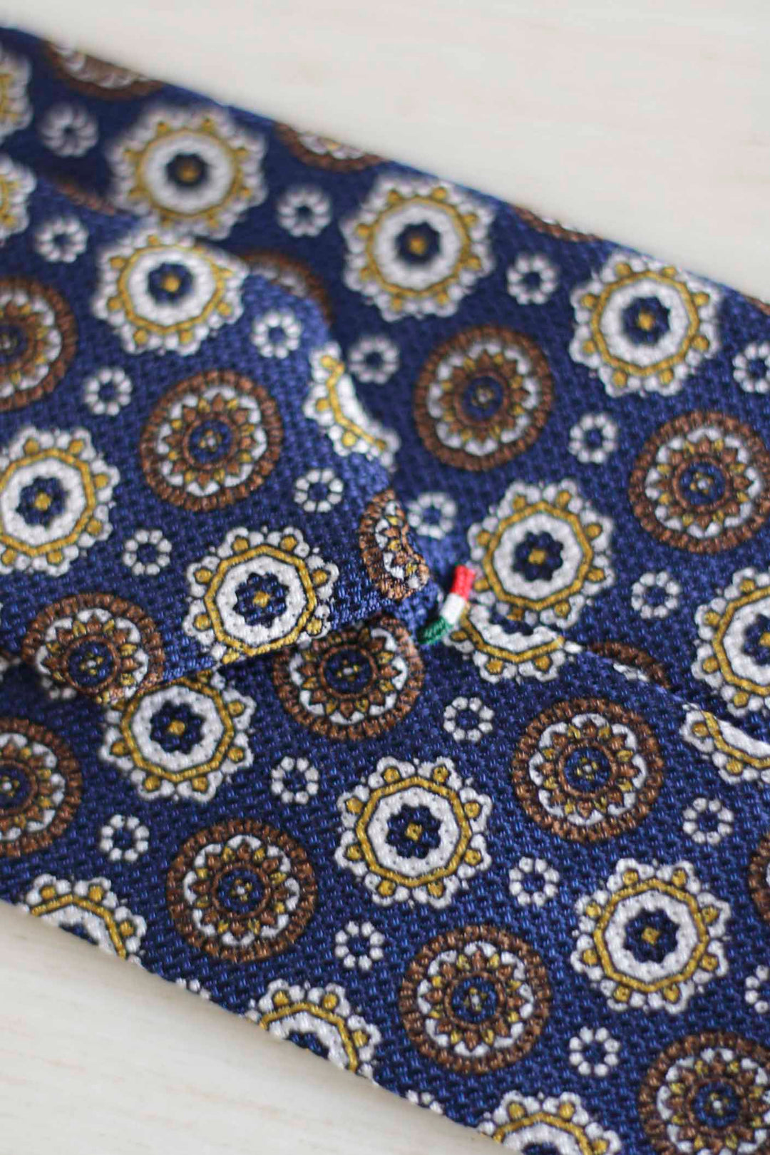 Royal Blue Heron Silk Tie Yellow, Ocher and White Geometry