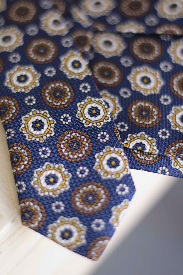 Royal Blue Heron Silk Tie Yellow, Ocher and White Geometry