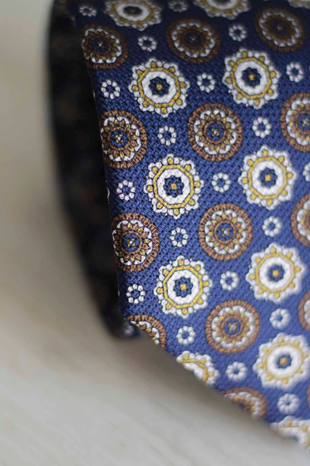 Royal Blue Heron Silk Tie Yellow, Ocher and White Geometry