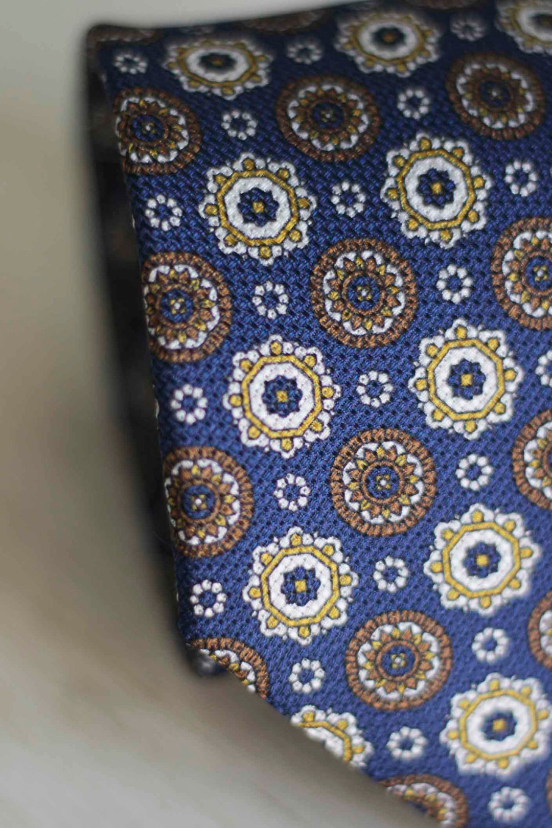 Royal Blue Heron Silk Tie Yellow, Ocher and White Geometry