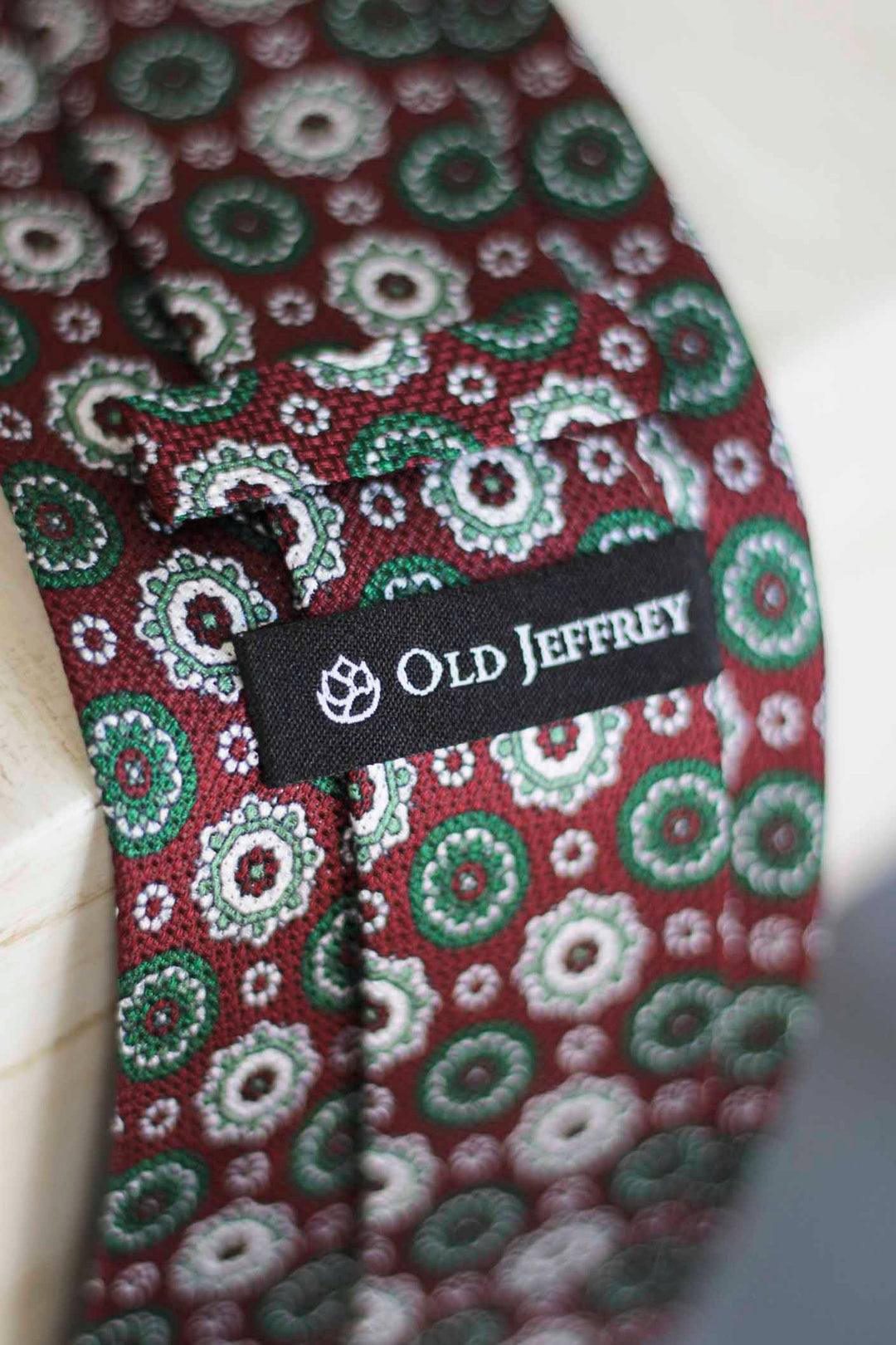 Burgundy Heron Silk Tie Green White and Burgundy Geometry