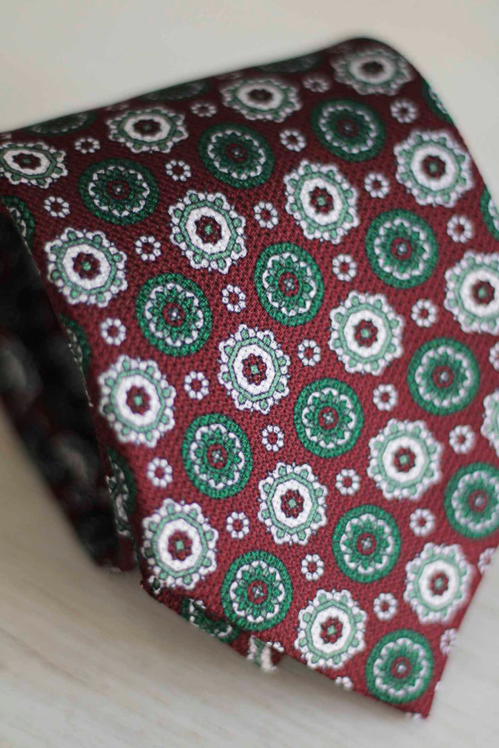 Burgundy Heron Silk Tie Green White and Burgundy Geometry