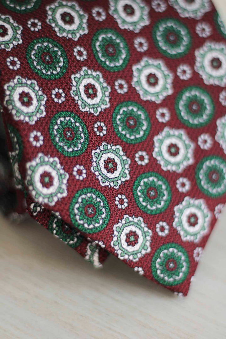 Burgundy Heron Silk Tie Green White and Burgundy Geometry