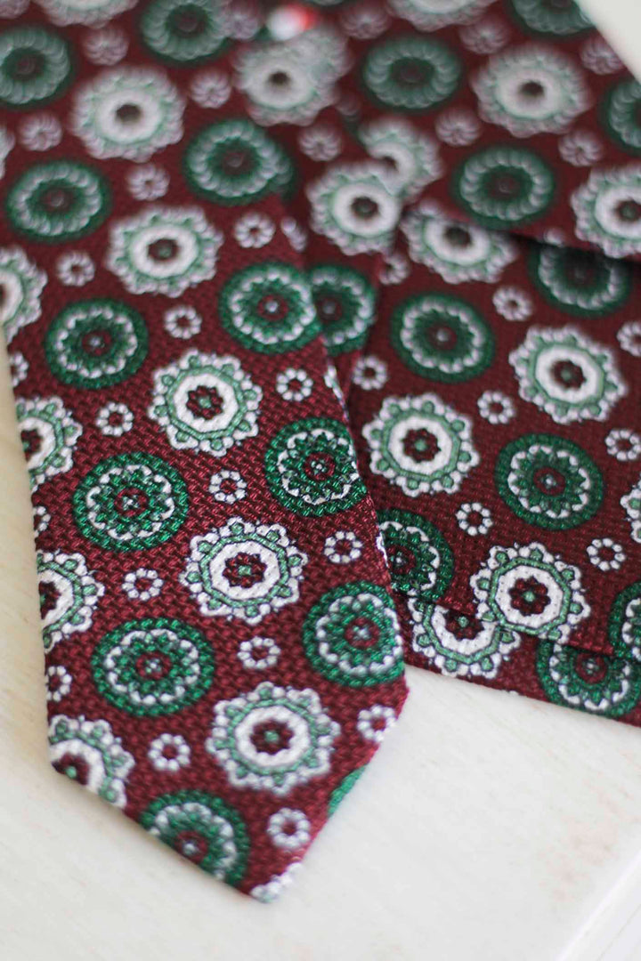 Burgundy Heron Silk Tie Green White and Burgundy Geometry