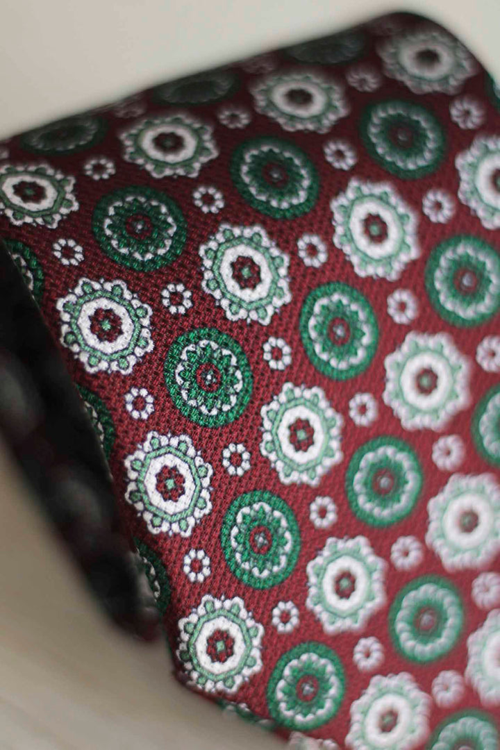 Burgundy Heron Silk Tie Green White and Burgundy Geometry