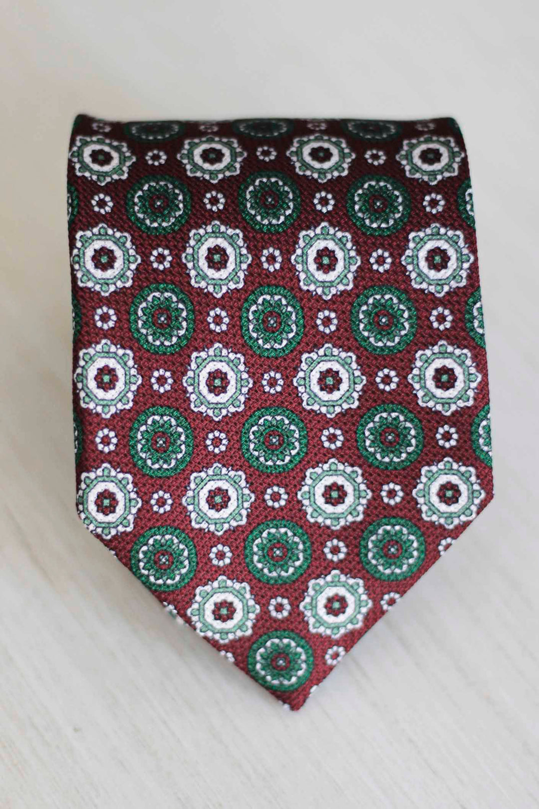 Burgundy Heron Silk Tie Green White and Burgundy Geometry