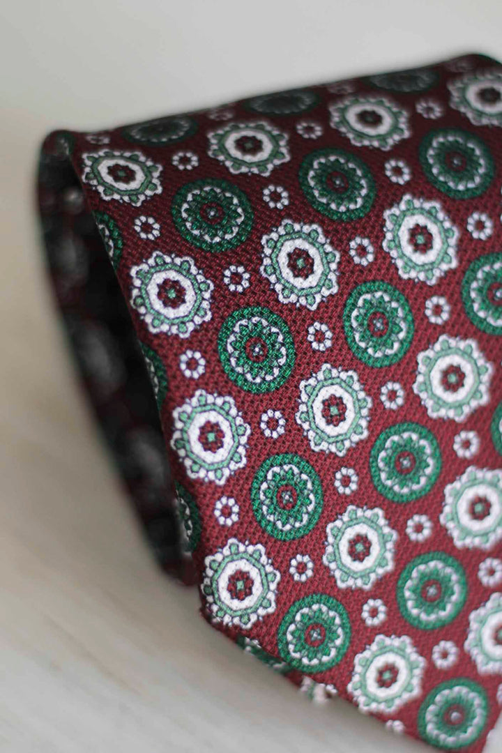 Burgundy Heron Silk Tie Green White and Burgundy Geometry