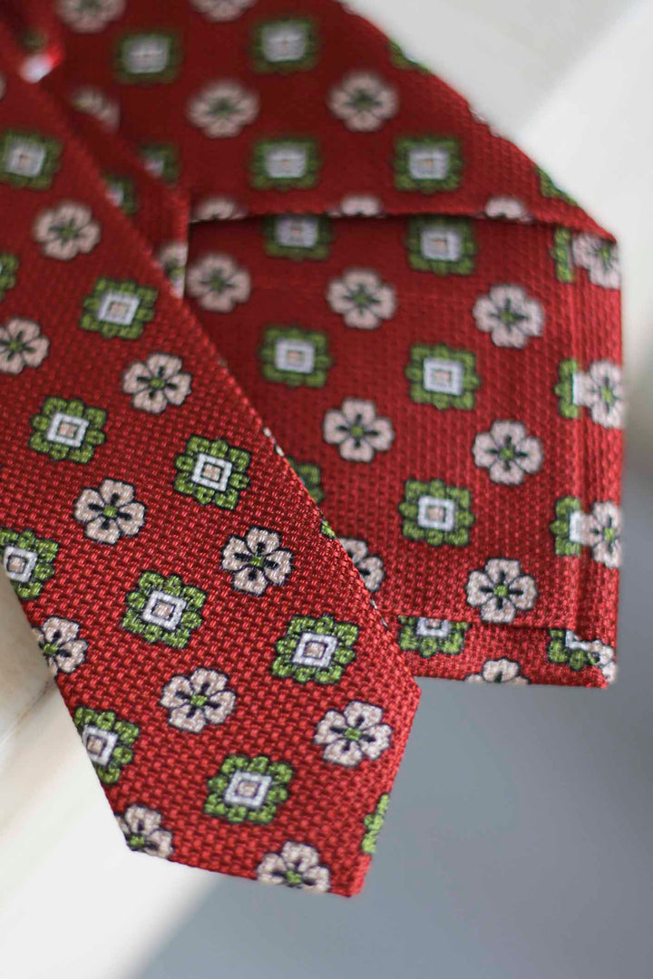 Burgundy Heron Silk Tie Daisy Bone Geometry Olive