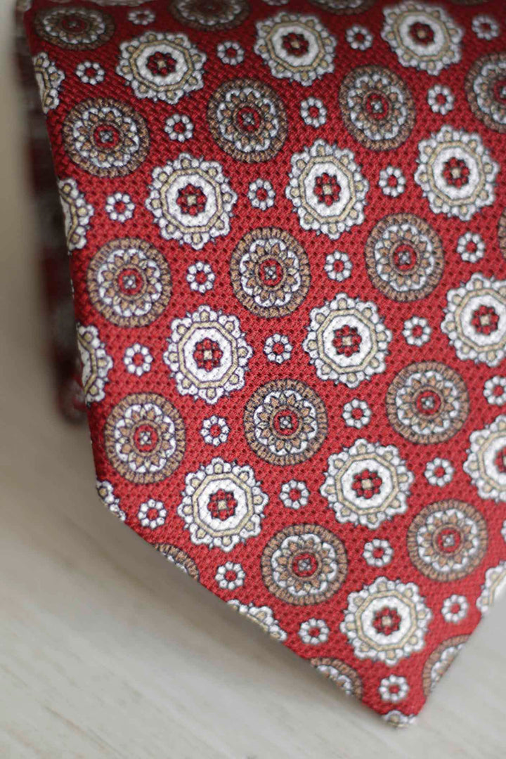 Ruby Heron Silk Tie Coffee, Ocher and Bordeaux Geometry