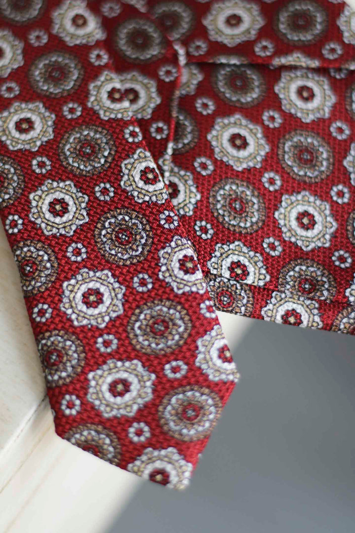 Ruby Heron Silk Tie Coffee, Ocher and Bordeaux Geometry