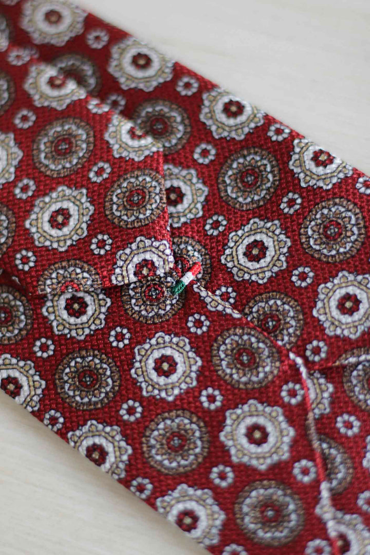 Ruby Heron Silk Tie Coffee, Ocher and Bordeaux Geometry