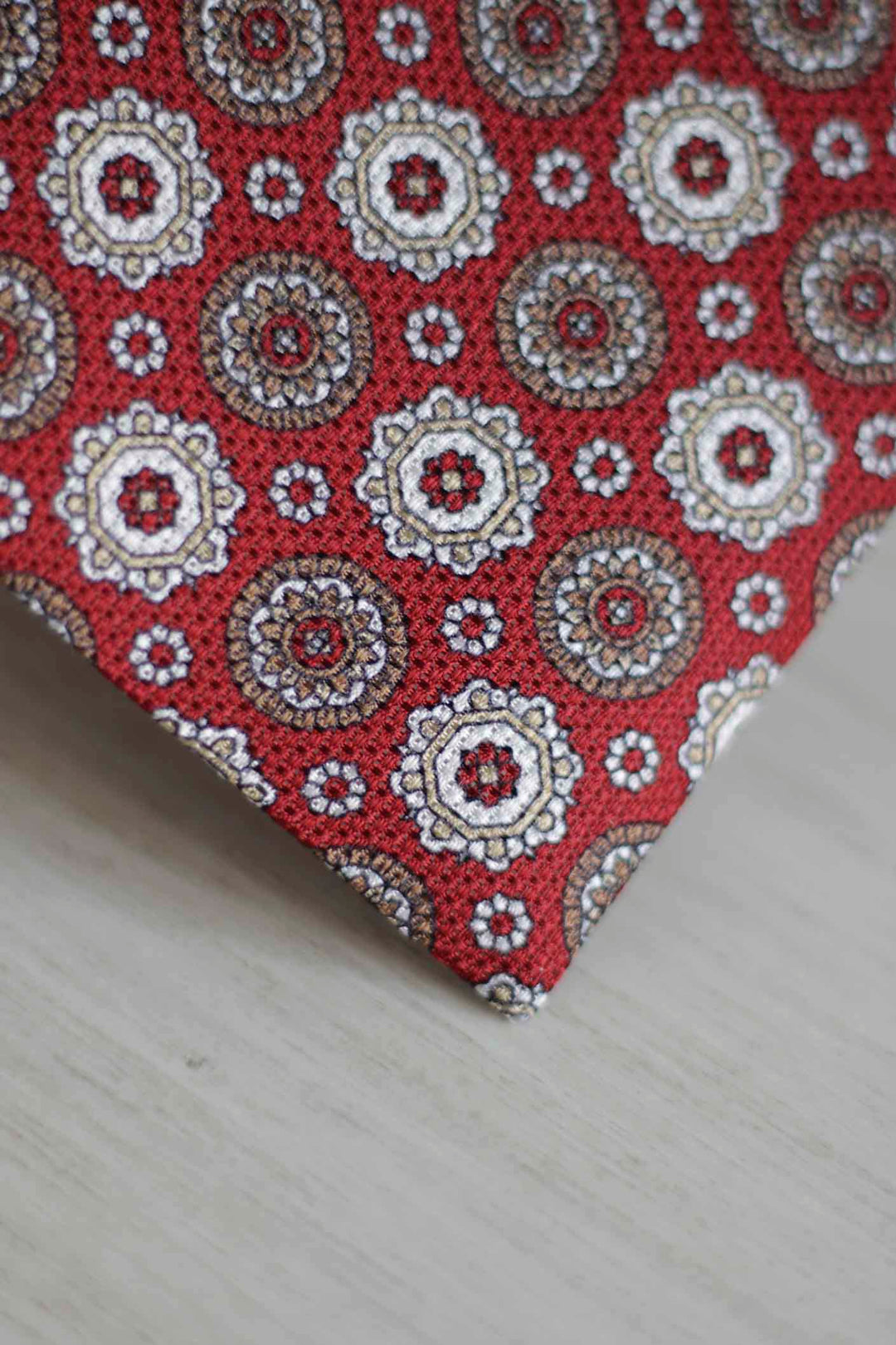 Ruby Heron Silk Tie Coffee, Ocher and Bordeaux Geometry