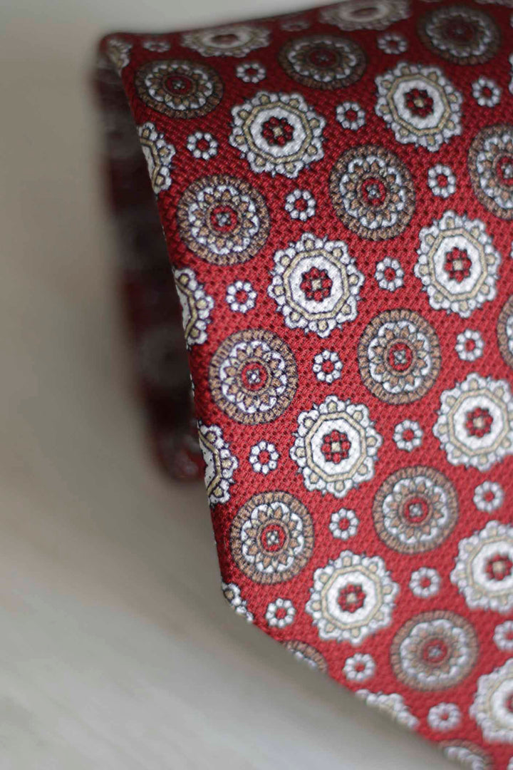 Ruby Heron Silk Tie Coffee, Ocher and Bordeaux Geometry