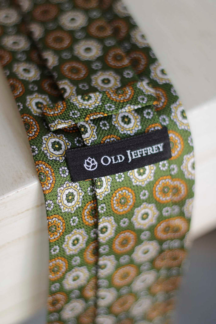 Olive Green Heron Silk Tie Light Blue Daisy and Ocher Rudder