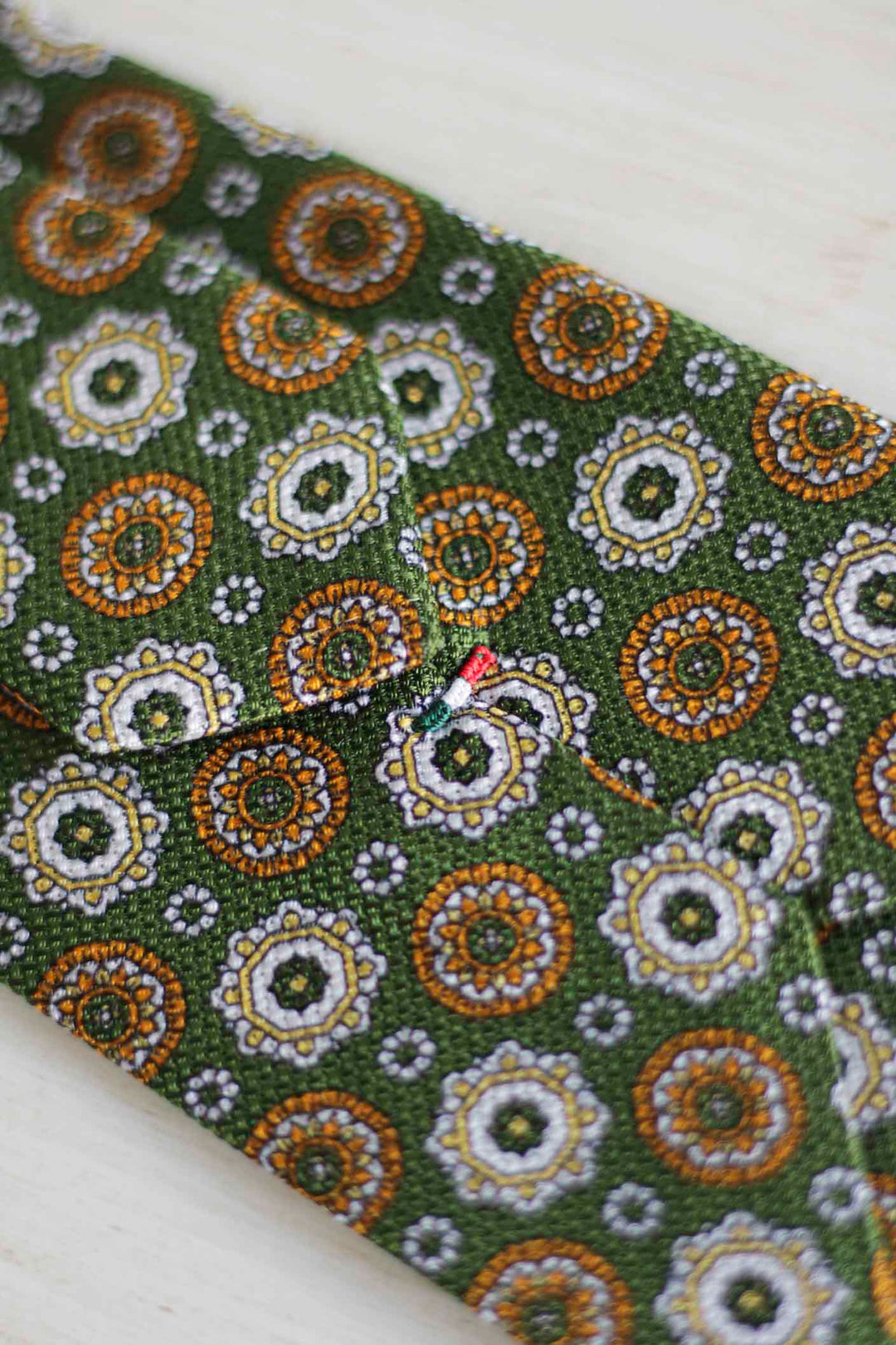 Olive Green Heron Silk Tie Light Blue Daisy and Ocher Rudder