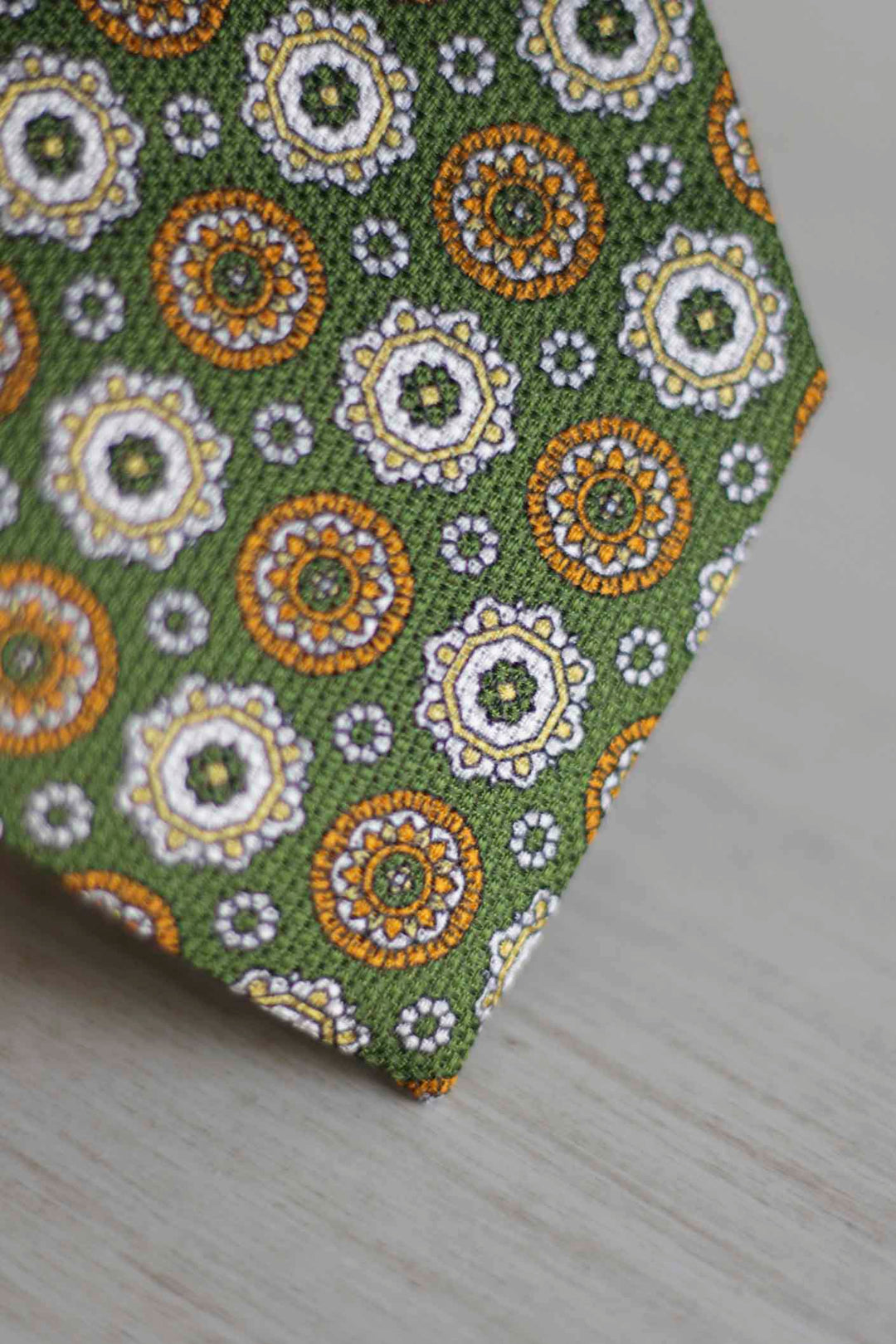 Basil Green Heron Silk Tie Yellow and White Geometry