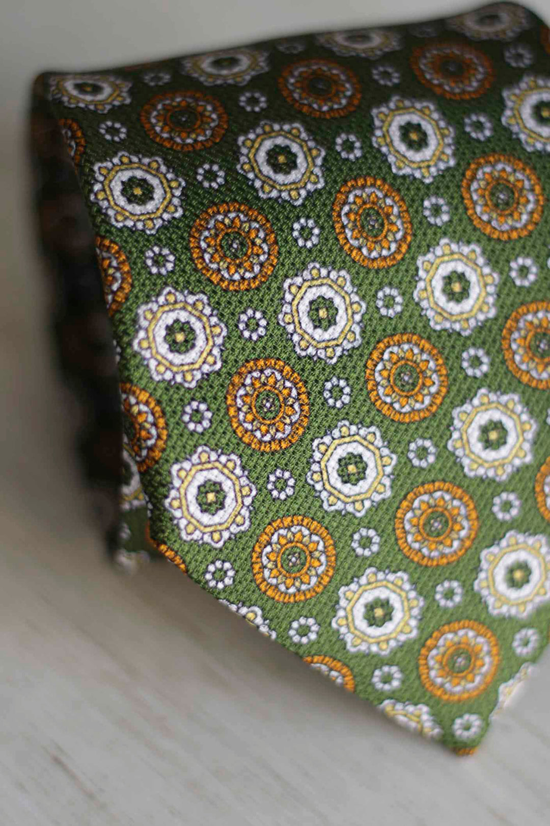 Olive Green Heron Silk Tie Light Blue Daisy and Ocher Rudder