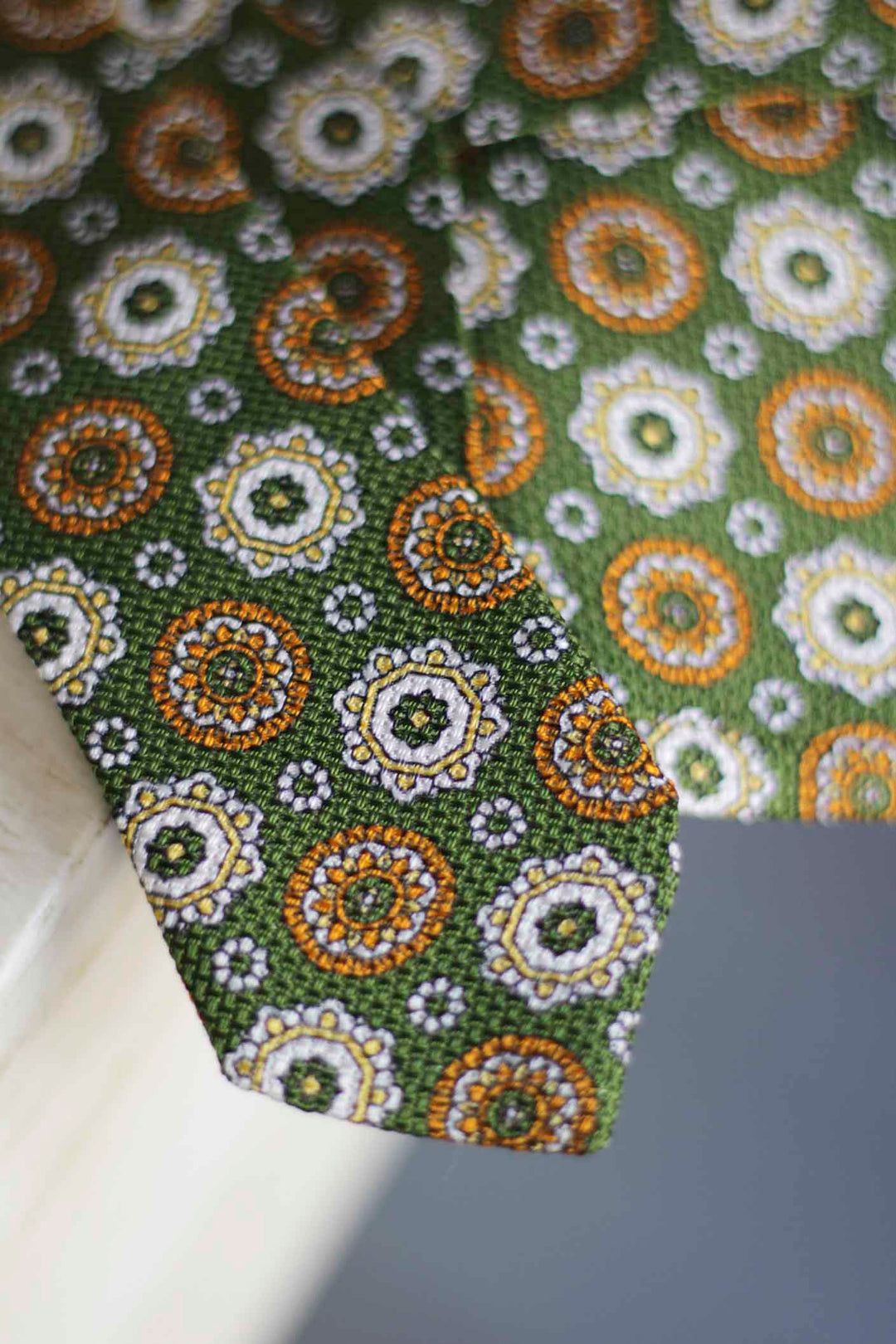 Olive Green Heron Silk Tie Light Blue Daisy and Ocher Rudder