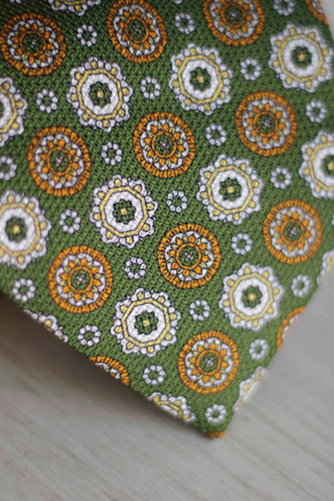 Basil Green Heron Silk Tie Yellow and White Geometry