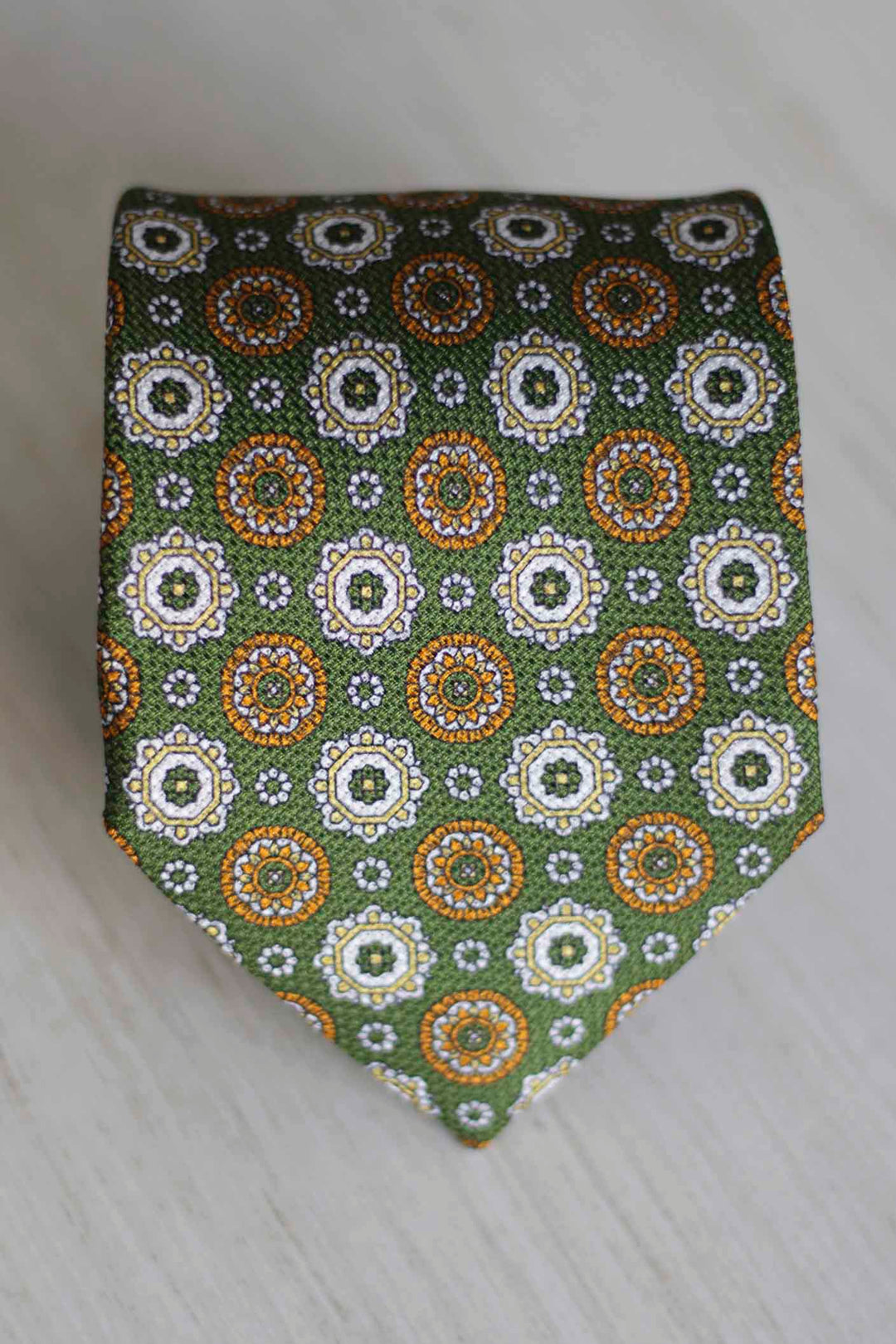 Basil Green Heron Silk Tie Yellow and White Geometry