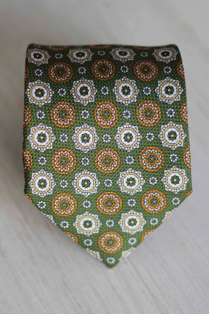 Basil Green Heron Silk Tie Yellow and White Geometry