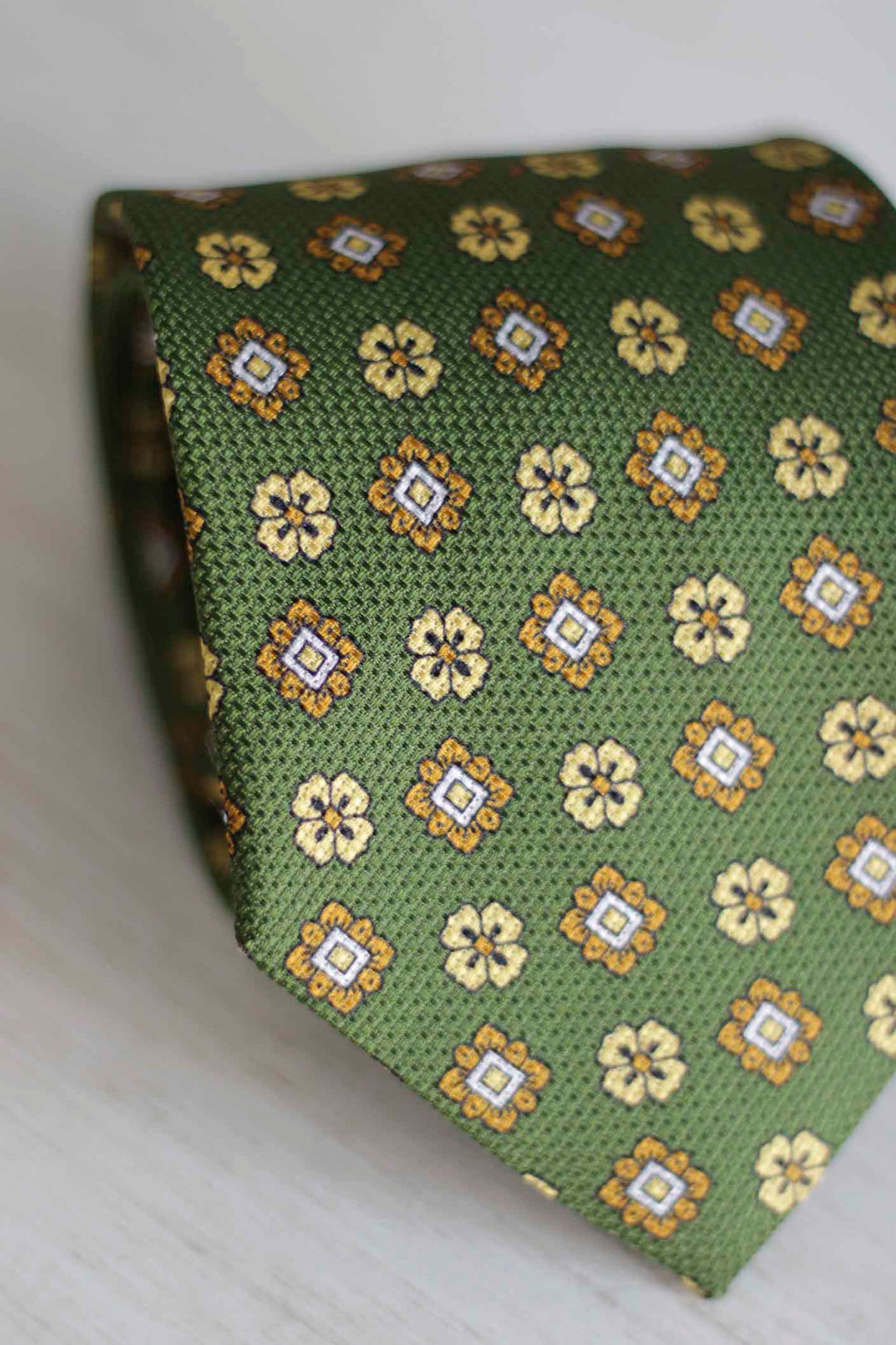 Olive Green Heron Silk Tie Light Blue Daisy and Ocher Rudder