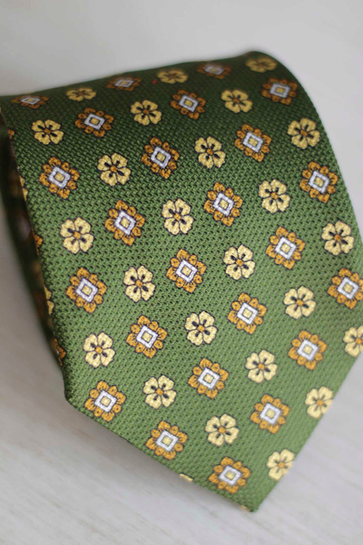 Olive Green Heron Silk Tie Light Blue Daisy and Ocher Rudder