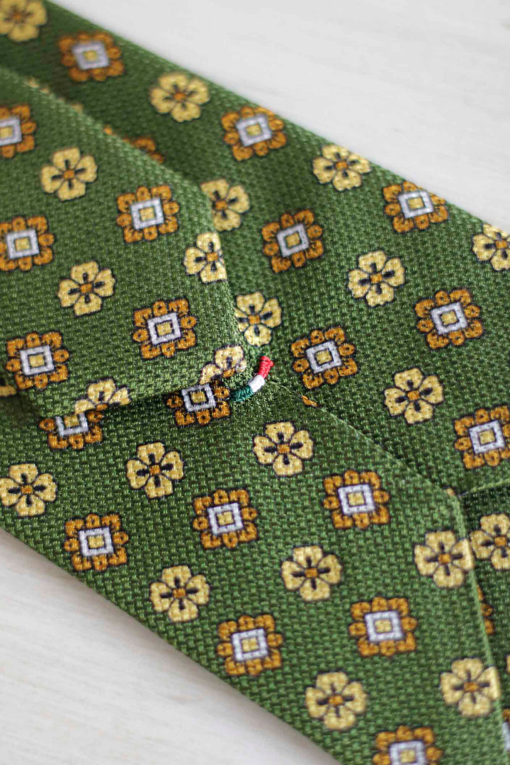 Heron Silk Tie Olive Green Burgundy Yellow Daisy, Ocher and White