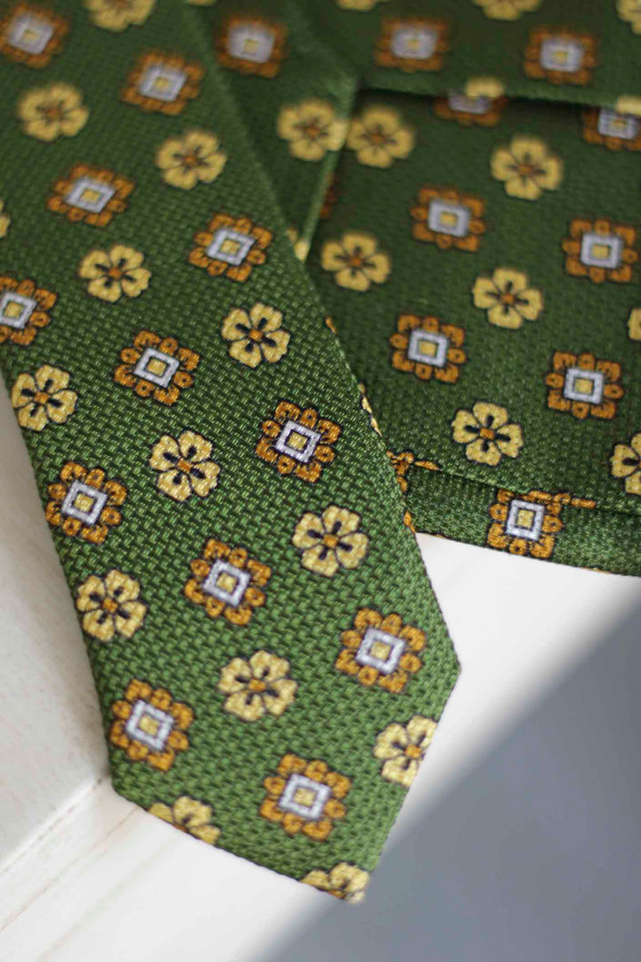 Heron Silk Tie Olive Green Burgundy Yellow Daisy, Ocher and White