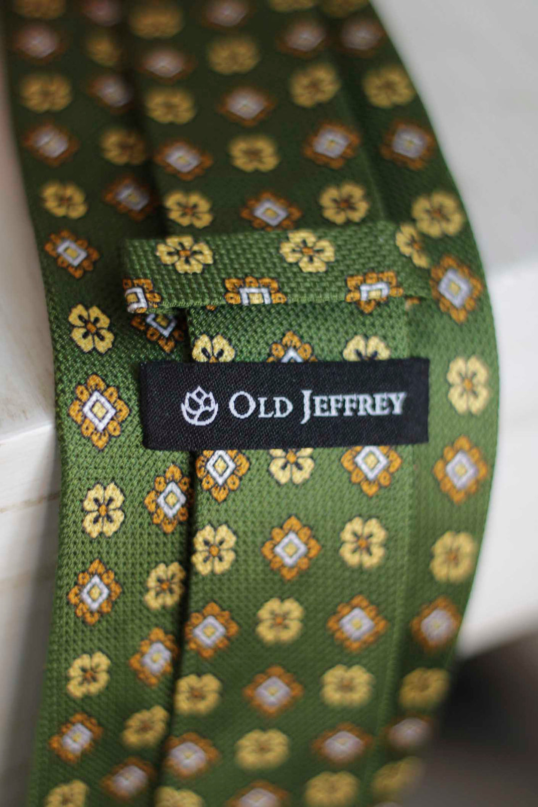 Heron Silk Tie Olive Green Burgundy Yellow Daisy, Ocher and White