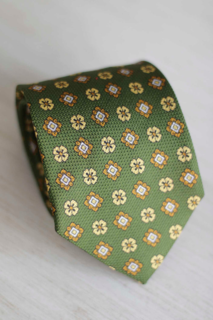 Heron Silk Tie Olive Green Burgundy Yellow Daisy, Ocher and White